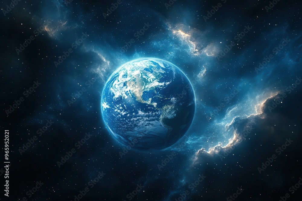 earth suspended in cosmic darkness illuminated by ethereal light intricate details of continents visible surrounded by swirling nebulae and distant stars earth suspended in cosmic darkness illuminated by ethereal light intricate details of continents visible surrounded by swirling nebulae and distant stars