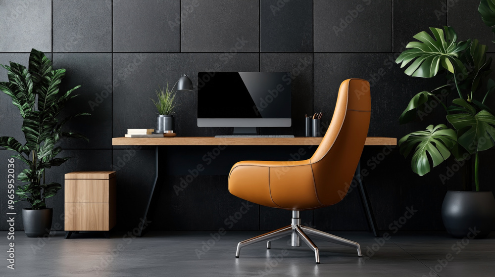 A modern home office setup featuring a large computer monitor on a ...