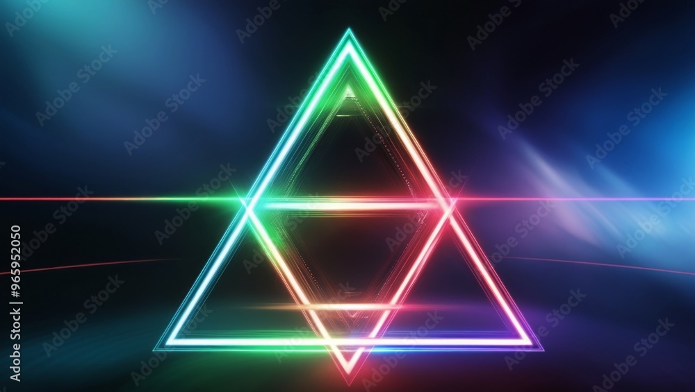 A moving tunnel of bright neon lights forming a futuristic triangle. geometric abstract background A moving tunnel of bright neon lights forming a futuristic triangle. geometric abstract background