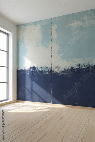 Empty foom with blue damaged wall photo