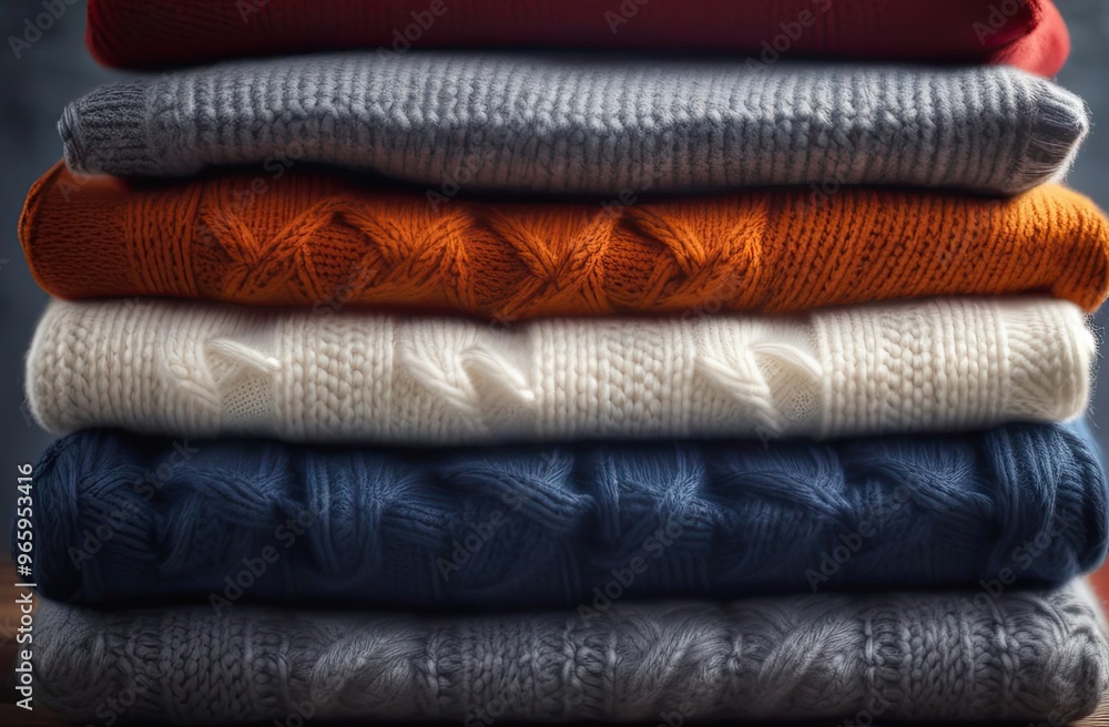 Close Up image of stack of some knitted sweaters. Macrophotography. Autumn and winter clothes. Cozy knitted sweater background.