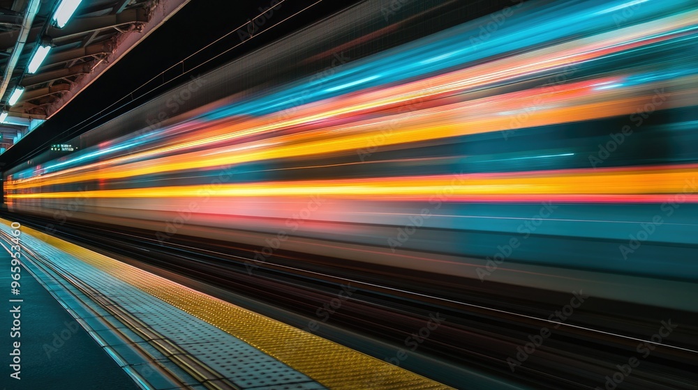 A fast-moving train captured in motion, with the train cars blurred as they speed past, leaving a streak of color behind. A fast-moving train captured in motion, with the train cars blurred as they speed past, leaving a streak of color behind.
