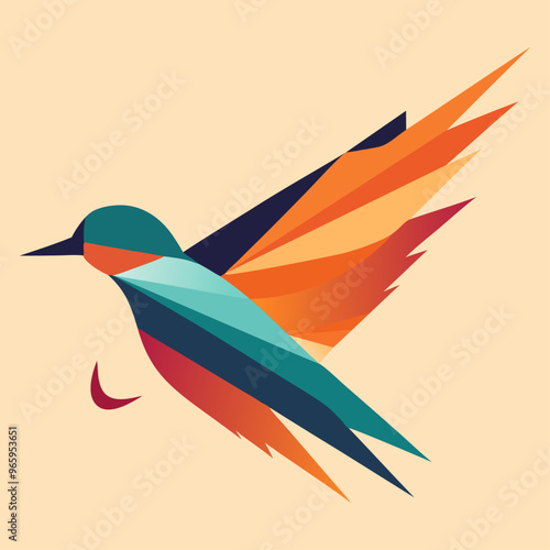 Flying colorful bird  hummingbird, parrot. Vector illustration in flat design.