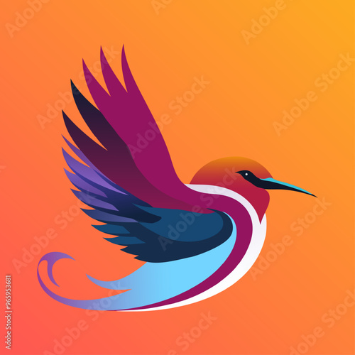 Flying colorful bird  hummingbird, parrot. Vector illustration in flat design.