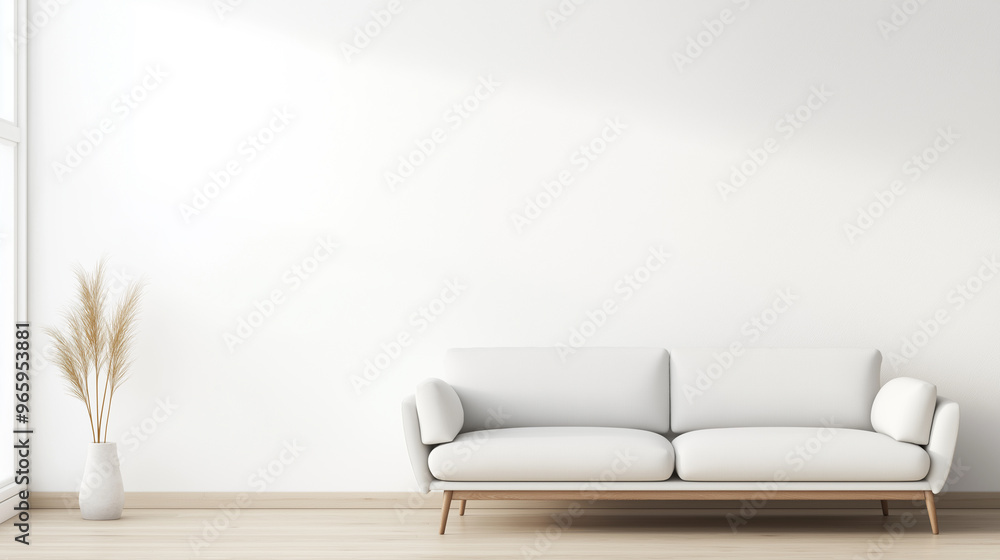 A white couch sits in a room with a white wall and a window A white couch sits in a room with a white wall and a window