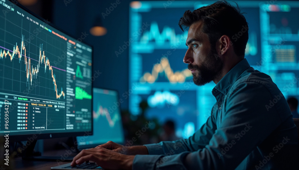 Crypto investor analyst broker analyzing financial stock trade stockmarket exchange platform indexes digital chart data on computer screen thinking of stockmarket invest analytics risk. Over shoulder Crypto investor analyst broker analyzing financial stock trade stockmarket exchange platform indexes digital chart data on computer screen thinking of stockmarket invest analytics risk. Over shoulder