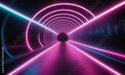 A neon tunnel with pink and blue lights creates a futuristic and abstract background