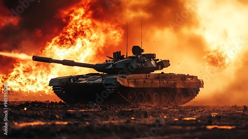 A tank firing a shell with a large fire behind it, with smoke and debris in the air.