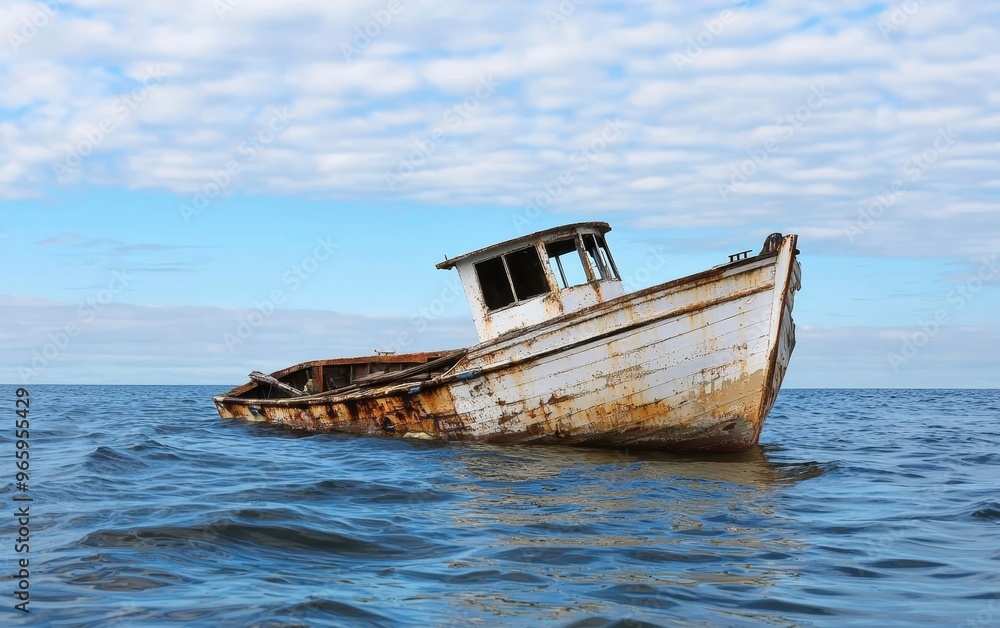 An abandoned fishing boat, slowly sinking into the sea, neglect, forgotten dreams An abandoned fishing boat, slowly sinking into the sea, neglect, forgotten dreams