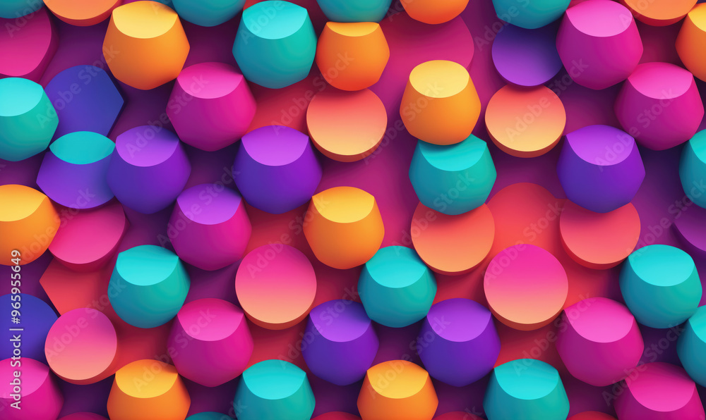 A vibrant pattern of colorful circles and cylinders in shades of orange, turquoise, purple, and pink A vibrant pattern of colorful circles and cylinders in shades of orange, turquoise, purple, and pink