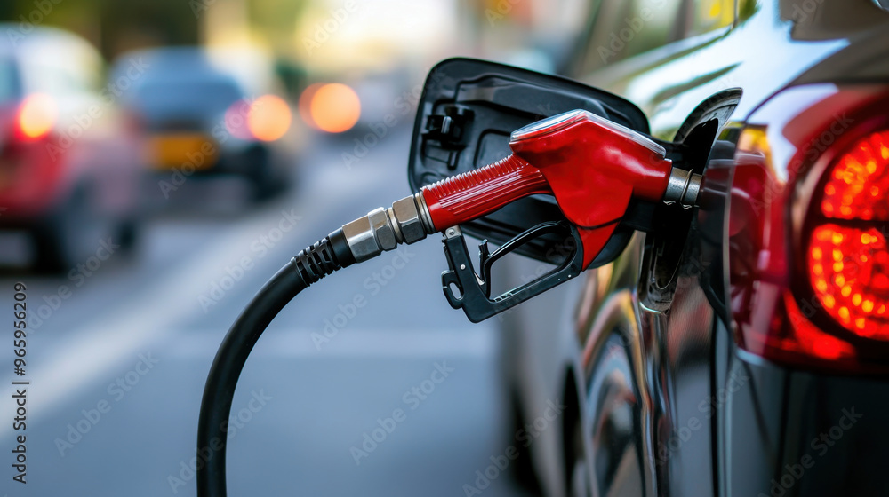 A close-up shot of a red fuel pump nozzle inserted into a car, refueling at a gas station with blurred traffic in the background. A close-up shot of a red fuel pump nozzle inserted into a car, refueling at a gas station with blurred traffic in the background.