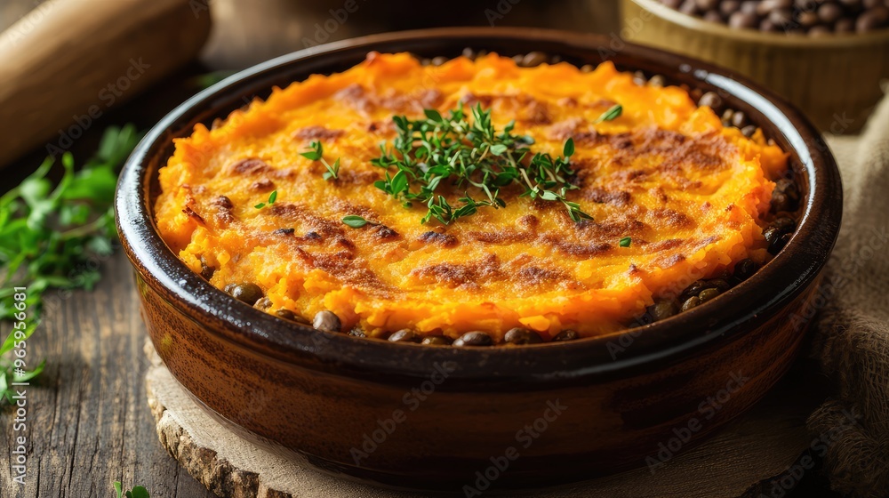 A serving of hearty lentil shepherd pie, with a layer of mashed sweet potatoes on top, baked in a rustic ceramic dish A serving of hearty lentil shepherd pie, with a layer of mashed sweet potatoes on top, baked in a rustic ceramic dish