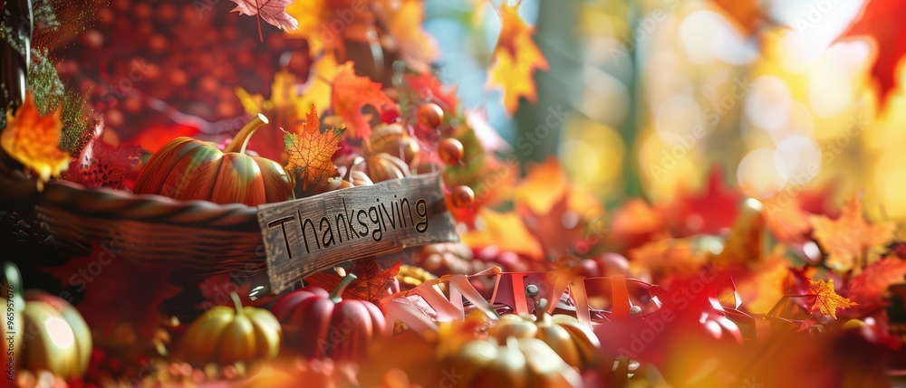Colorful autumn scene with pumpkins, vibrant leaves, and a rustic sign, evoking a warm, Thanksgiving atmosphere. Colorful autumn scene with pumpkins, vibrant leaves, and a rustic sign, evoking a warm, Thanksgiving atmosphere.