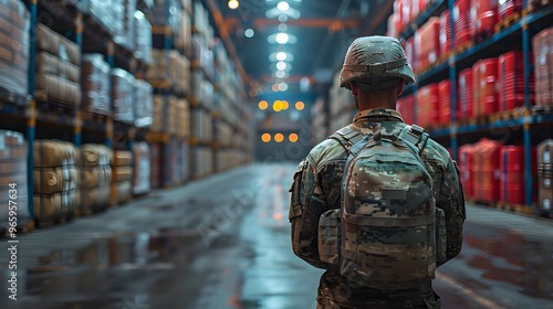A soldier stands in a large military warehouse filled with supplies, overseeing logistics and inventory management in a secure facility