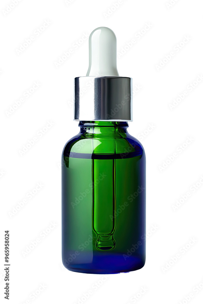 A glass bottle with a dropper, containing a clear liquid. A glass bottle with a dropper, containing a clear liquid.