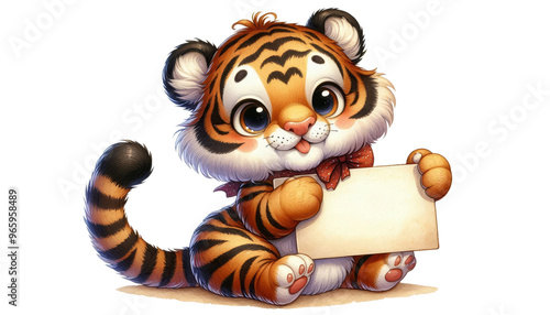 A charming cartoon tiger with big eyes holding a blank message card. Perfect for children's themes, invitations, or playful designs. photo