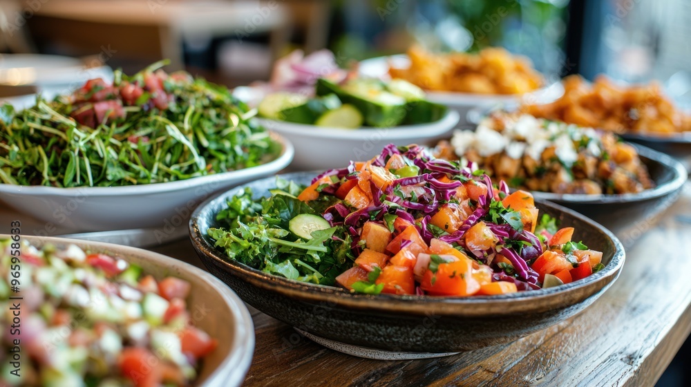 Healthy food options displayed alongside traditional dishes, showcasing alternative dietary choices Healthy food options displayed alongside traditional dishes, showcasing alternative dietary choices