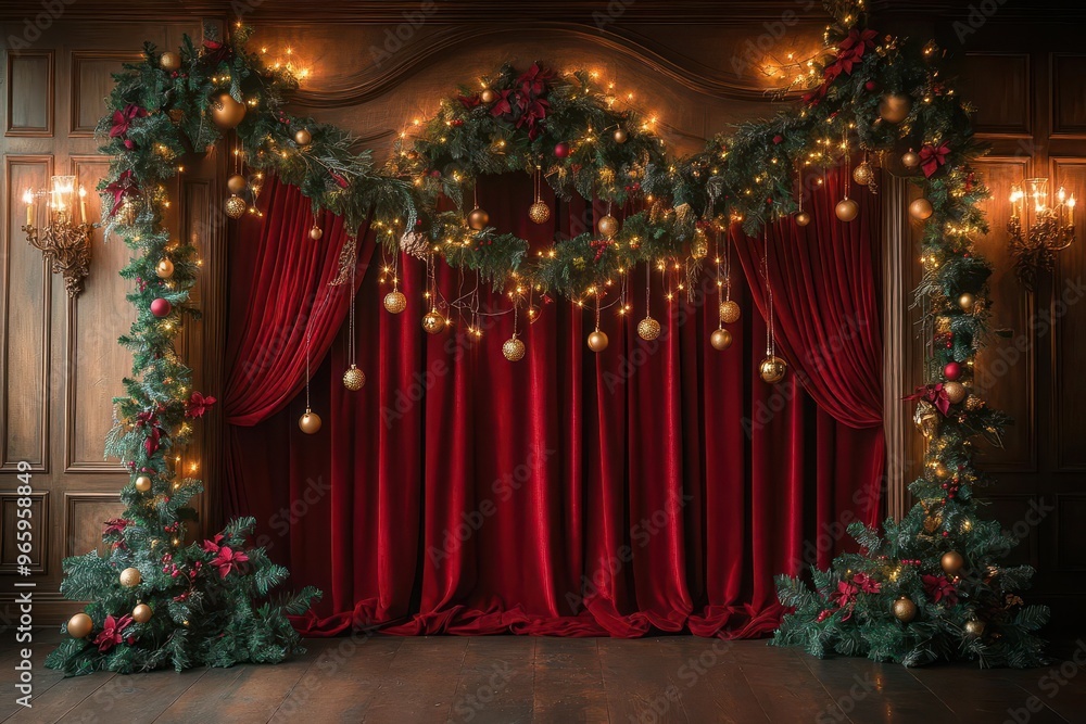 elegant red velvet curtain adorned with twinkling fairy lights golden ornaments and lush evergreen garlands creating festive christmas atmosphere elegant red velvet curtain adorned with twinkling fairy lights golden ornaments and lush evergreen garlands creating festive christmas atmosphere