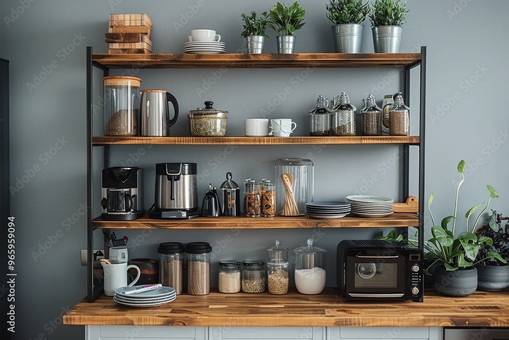 Black and gray rack with two shelves and hangers holding various clothes and accessories, next to an open bedroom door with bed and decor. Black and gray rack with two shelves and hangers holding various clothes and accessories, next to an open bedroom door with bed and decor.