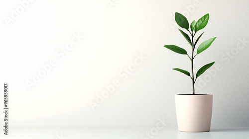 Small green plant in a white pot, symbolizing growth and freshness in a minimalistic setting.