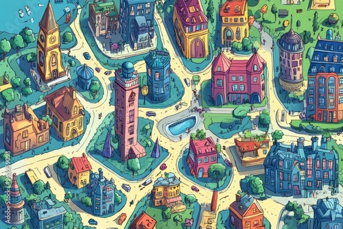 2D cartoon illustration of an urban city map