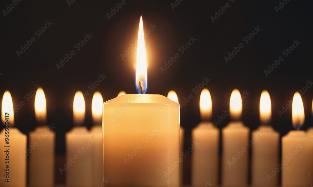 A single candle burns brightly in the center of a row of candles, creating a warm and inviting ambiance A single candle burns brightly in the center of a row of candles, creating a warm and inviting ambiance