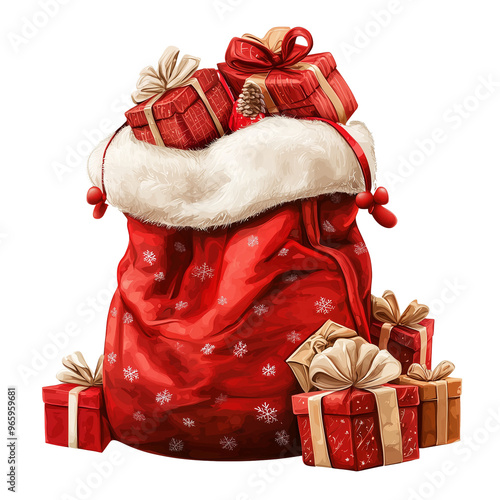 Illustration of Santa Claus bag with gifts isolated on transparent background. photo