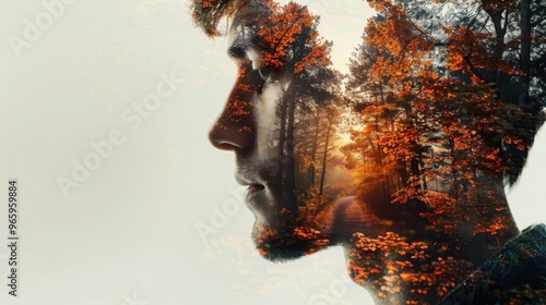 A creative double exposure portrait blending a man's profile with a vivid forest landscape, capturing nature and humanity's connection.