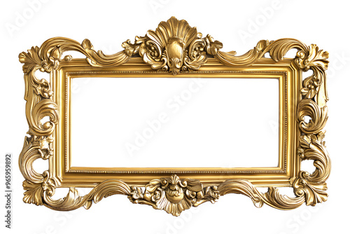 Baroque golden picture frame isolated on transparent or white background, png
