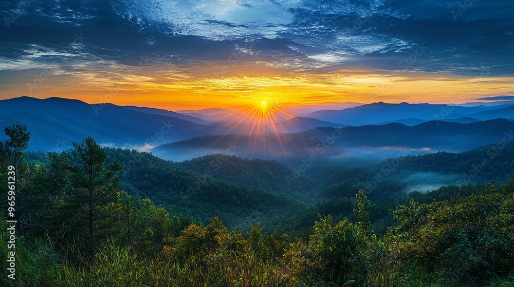 Majestic Mountain Sunrise with Fog and Sun Rays Majestic Mountain Sunrise with Fog and Sun Rays