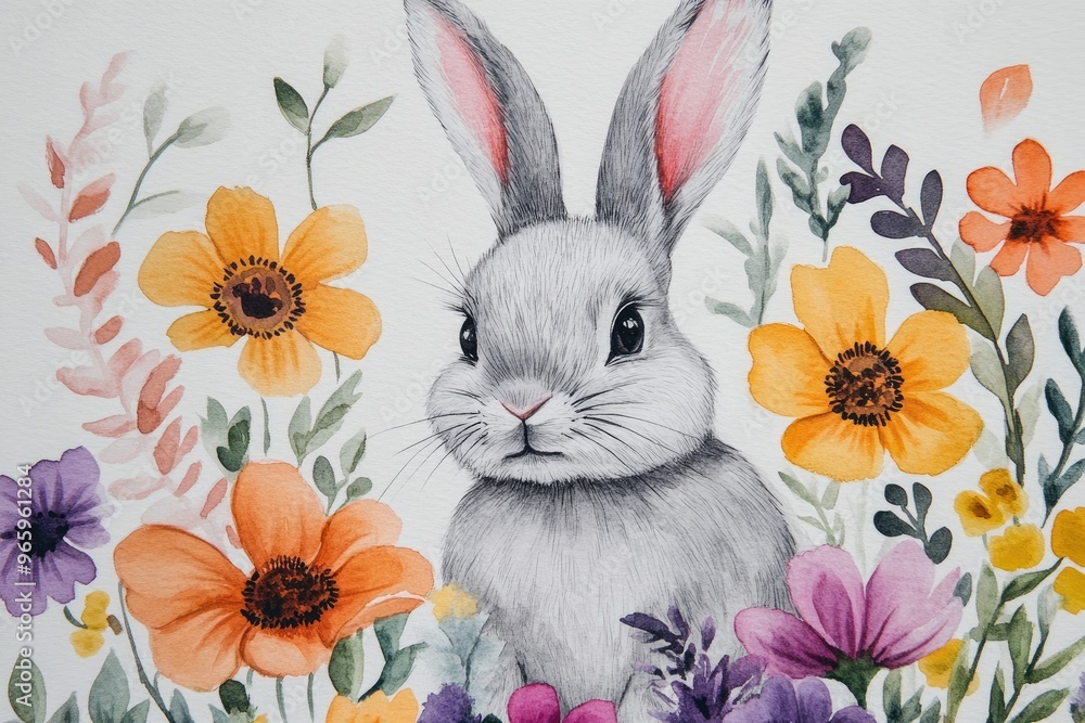 Obraz premium Watercolor illustration of a bunny surrounded by vibrant flowers