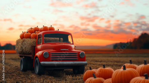 Classic truck overflowing with pumpkins and hay bales, sunset backdrop, festive Thanksgiving atmosphere