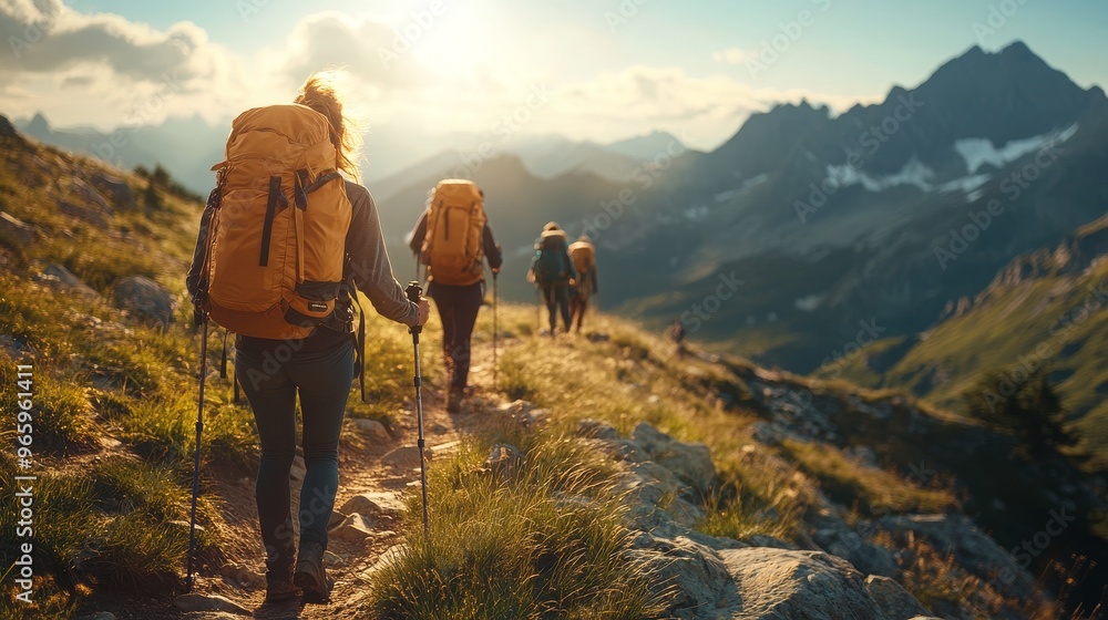 Obraz premium Hikers on Mountain Trail with Backpacking Gear at Sunset