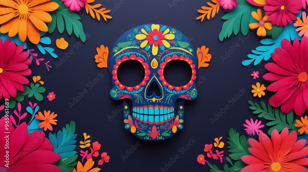 Colorful Day of the Dead skull with intricate floral designs on a bold blue background, surrounded by bright flowers Colorful Day of the Dead skull with intricate floral designs on a bold blue background, surrounded by bright flowers