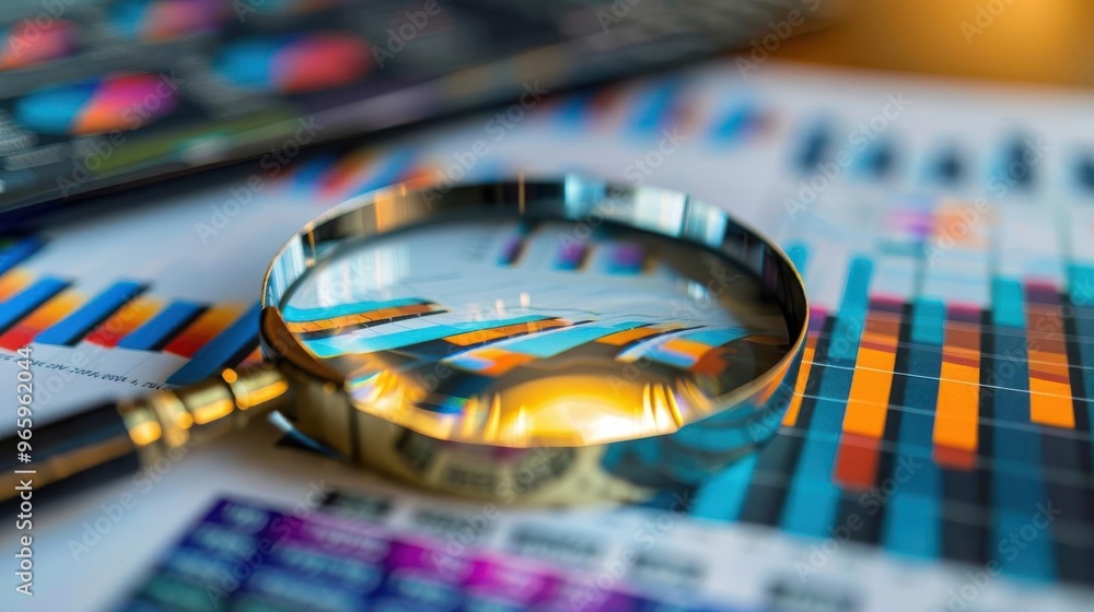 Obraz premium Close-up view of a magnifying glass over financial charts displaying colorful data trends and analytics for market analysis.
