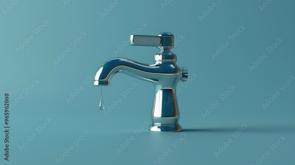 Shiny faucet with a drop of water, showcasing modern design and functionality against a minimalist blue background. Shiny faucet with a drop of water, showcasing modern design and functionality against a minimalist blue background.