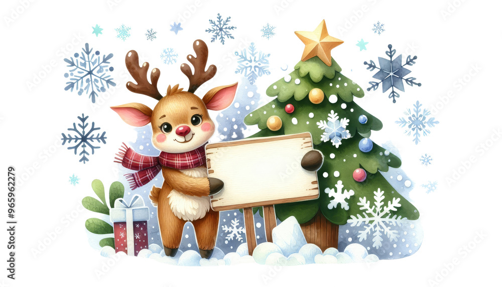 A cheerful reindeer with a red scarf stands next to a decorated Christmas tree, holding a blank sign, surrounded by snowflakes. A cheerful reindeer with a red scarf stands next to a decorated Christmas tree, holding a blank sign, surrounded by snowflakes.