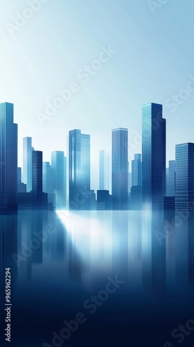 Abstract Urban Landscape: Reflective Glass Skyscrapers in Blue Hues. Modern Architectural Concept with Mirrored Floors and Blurred Business District Horizon. Aerial View for Graphic Design, Marketing 