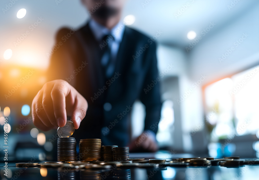 silhouette of a man building piles of coins; concept of business, savings, holding to budget, finances, increasing income; copy space; office backdrop silhouette of a man building piles of coins; concept of business, savings, holding to budget, finances, increasing income; copy space; office backdrop