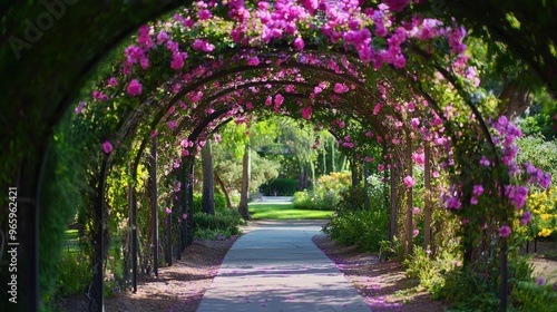 Beautiful garden arch covered with blooming flowers or vines, creating a charming and inviting walkway