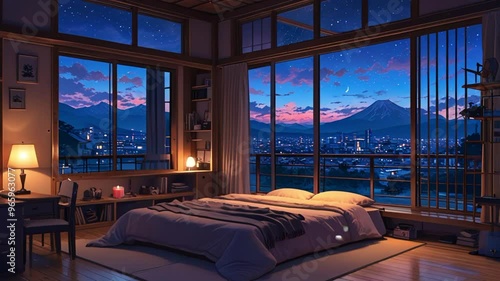 Japanese style bedroom at night, anime style. seamless looping 4k video background animation