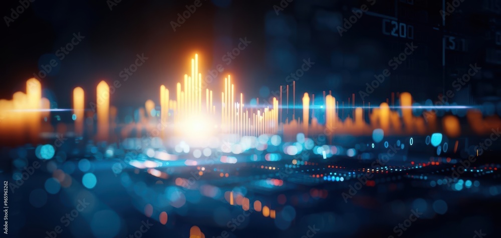 Fototapeta premium Dynamic digital visualization of sound waves and data patterns in an abstract, futuristic setting.