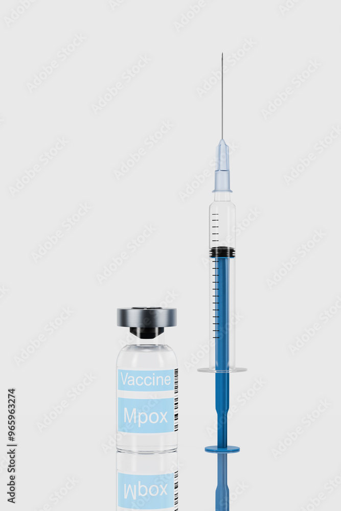 Vial labeled Vaccine Monkeypox next to a syringe on a reflective surface, representing a medical solution for preventing the Mpox virus and boosting public health immunity. Vial labeled Vaccine Monkeypox next to a syringe on a reflective surface, representing a medical solution for preventing the Mpox virus and boosting public health immunity.