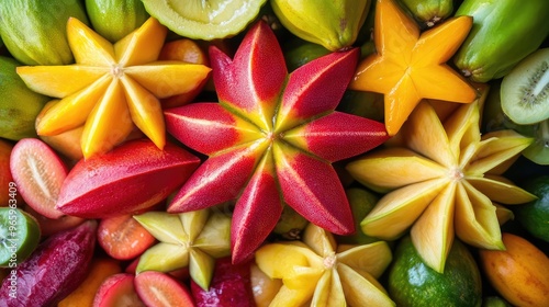 A vibrant display of sliced carambola (starfruit) arranged in a circular pattern, with other tropical fruits in the background photo