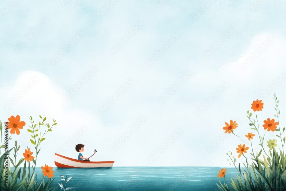 A serene illustration of a child in a boat surrounded by vibrant flowers and calm waters under a blue sky. A serene illustration of a child in a boat surrounded by vibrant flowers and calm waters under a blue sky.