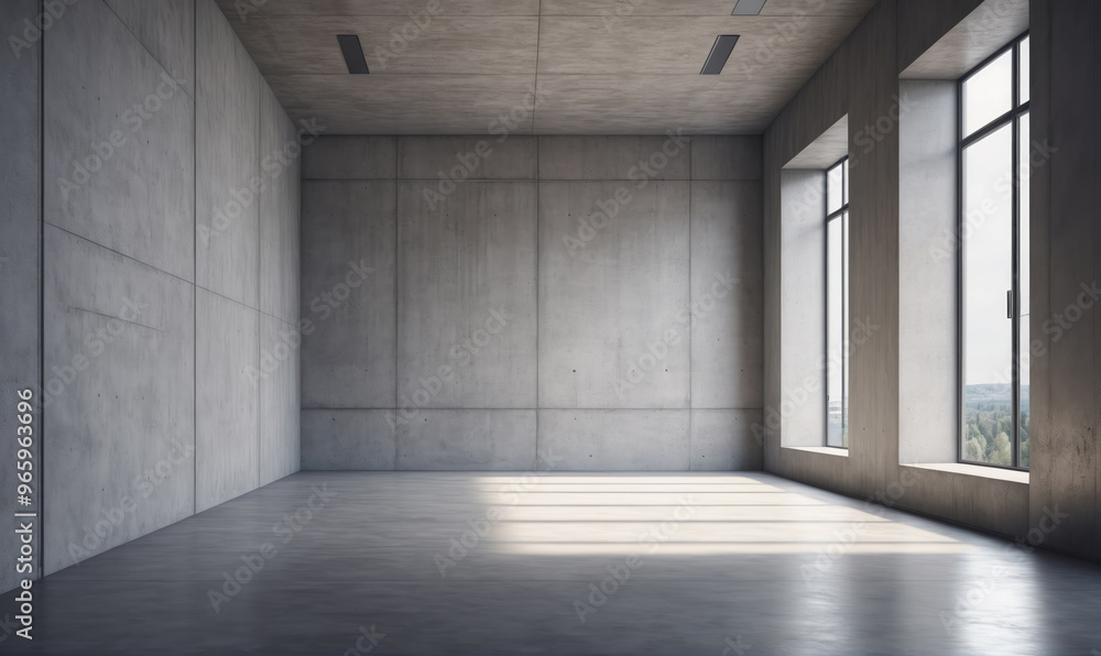 A spacious, empty room with concrete walls and floors, featuring a row of large windows that allow natural light to flood the space A spacious, empty room with concrete walls and floors, featuring a row of large windows that allow natural light to flood the space
