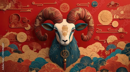 2D cartoon illustration representing the Year of the Ram featuring goat hieroglyphics and symbols related to the lunar calendar photo