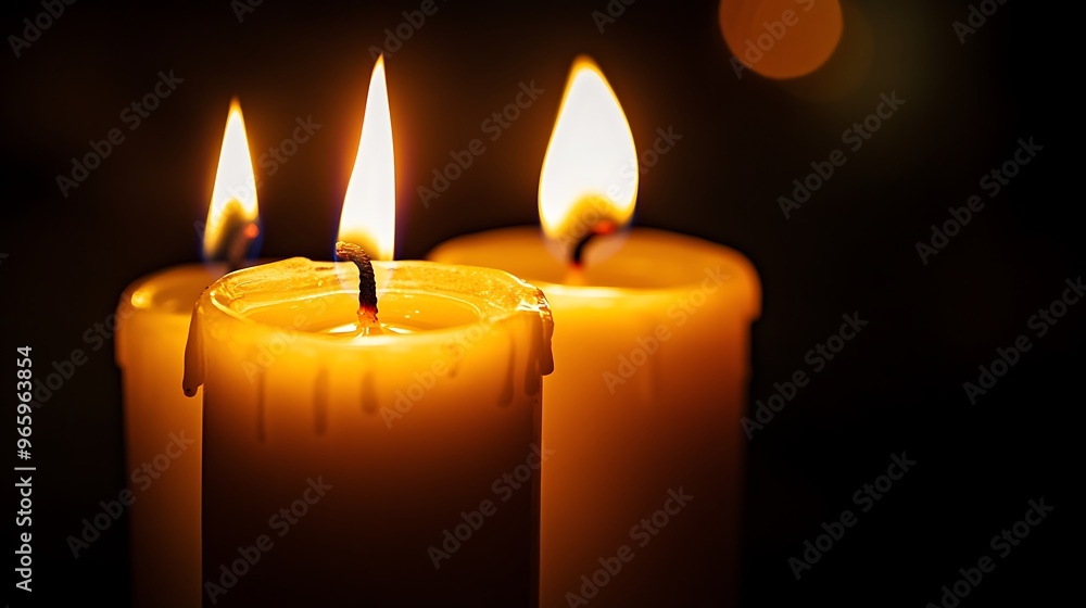 Three candles burning brightly in the dark, casting a warm glow. The flames flicker and dance, creating a sense of peace and tranquility. Three candles burning brightly in the dark, casting a warm glow. The flames flicker and dance, creating a sense of peace and tranquility.