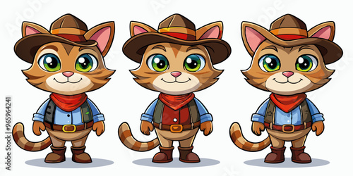 set of cartoon cat character in a wild west cowboy costume, white background