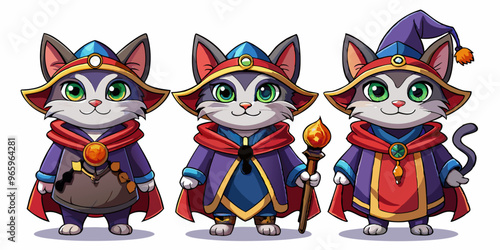 set of cartoon cat character in a costume of a fairy-tale medieval wizard, white background